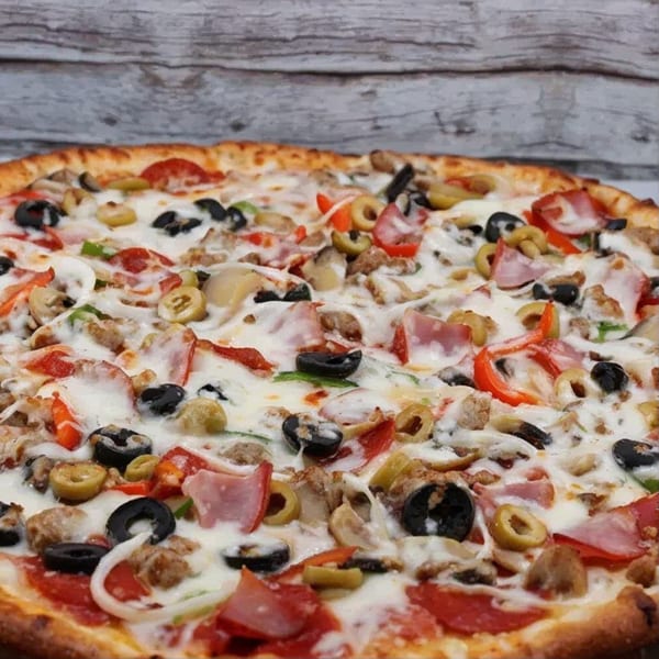 A Partners II Pizza with pepperoni, ham, sausage, olives, mushrooms, and peppers.